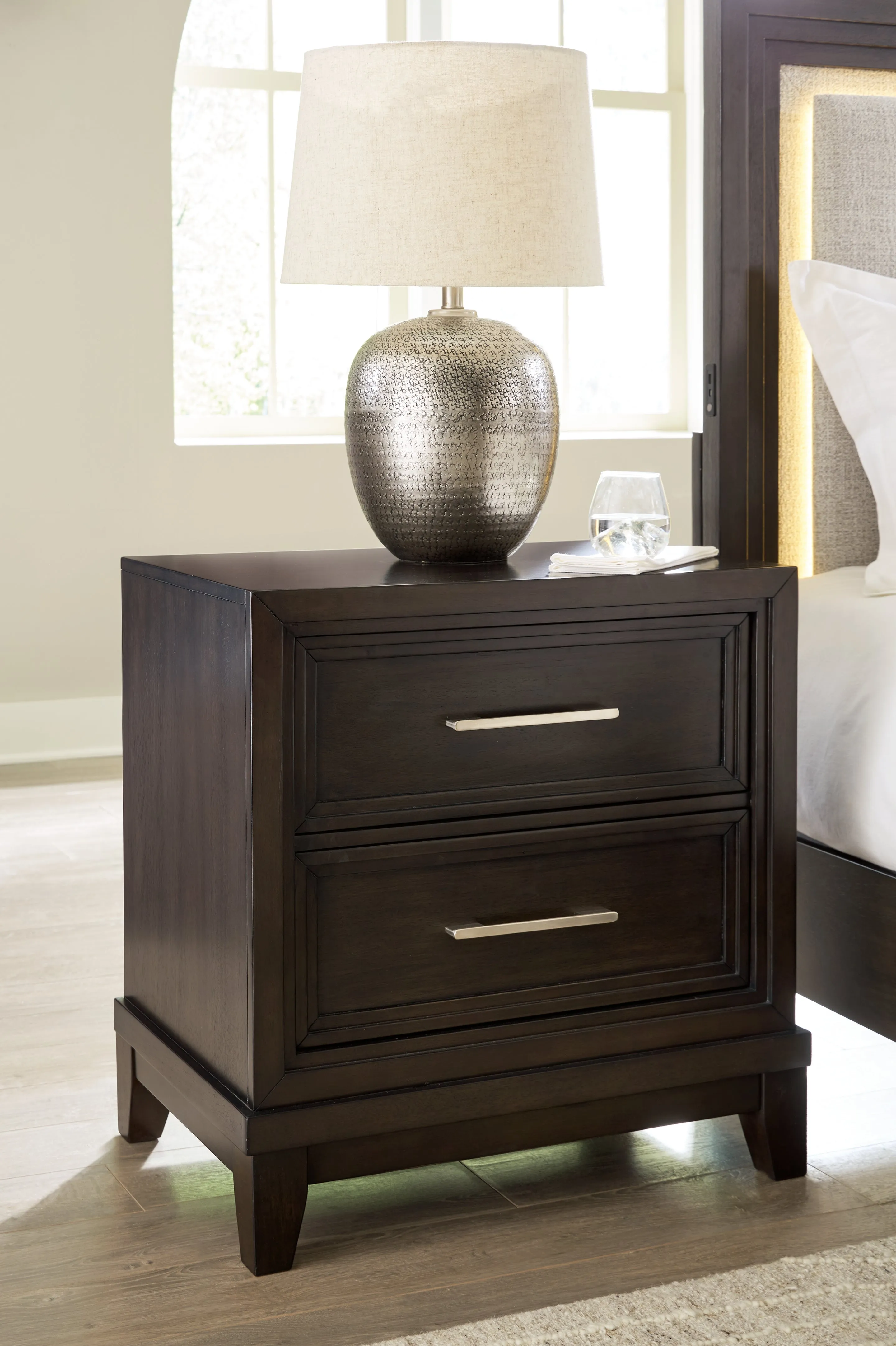 Neymorton Queen Upholstered Panel Bed with 2 Nightstands in Dark Grayish Brown