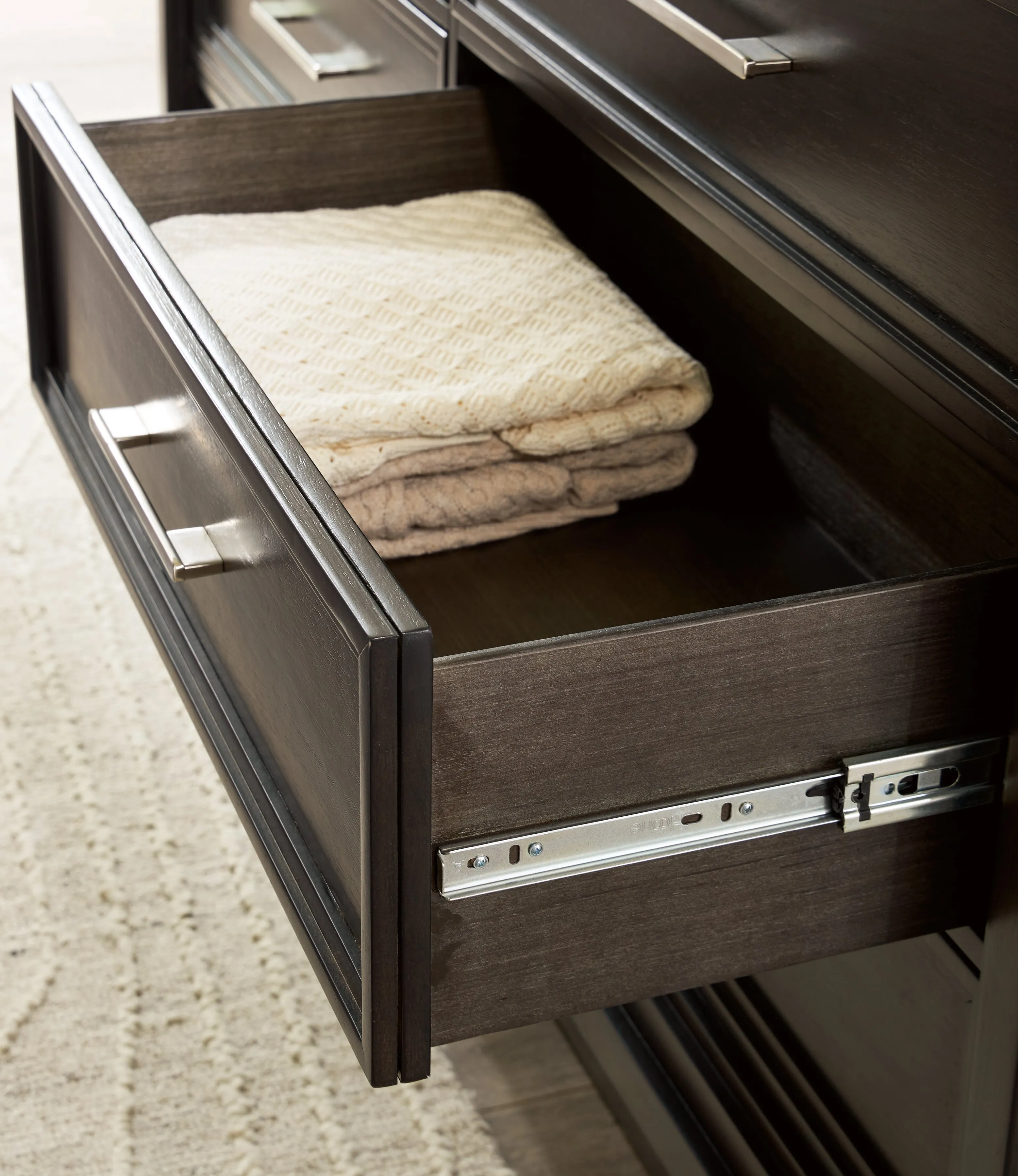 Neymorton Queen Upholstered Panel Bed with 2 Nightstands in Dark Grayish Brown