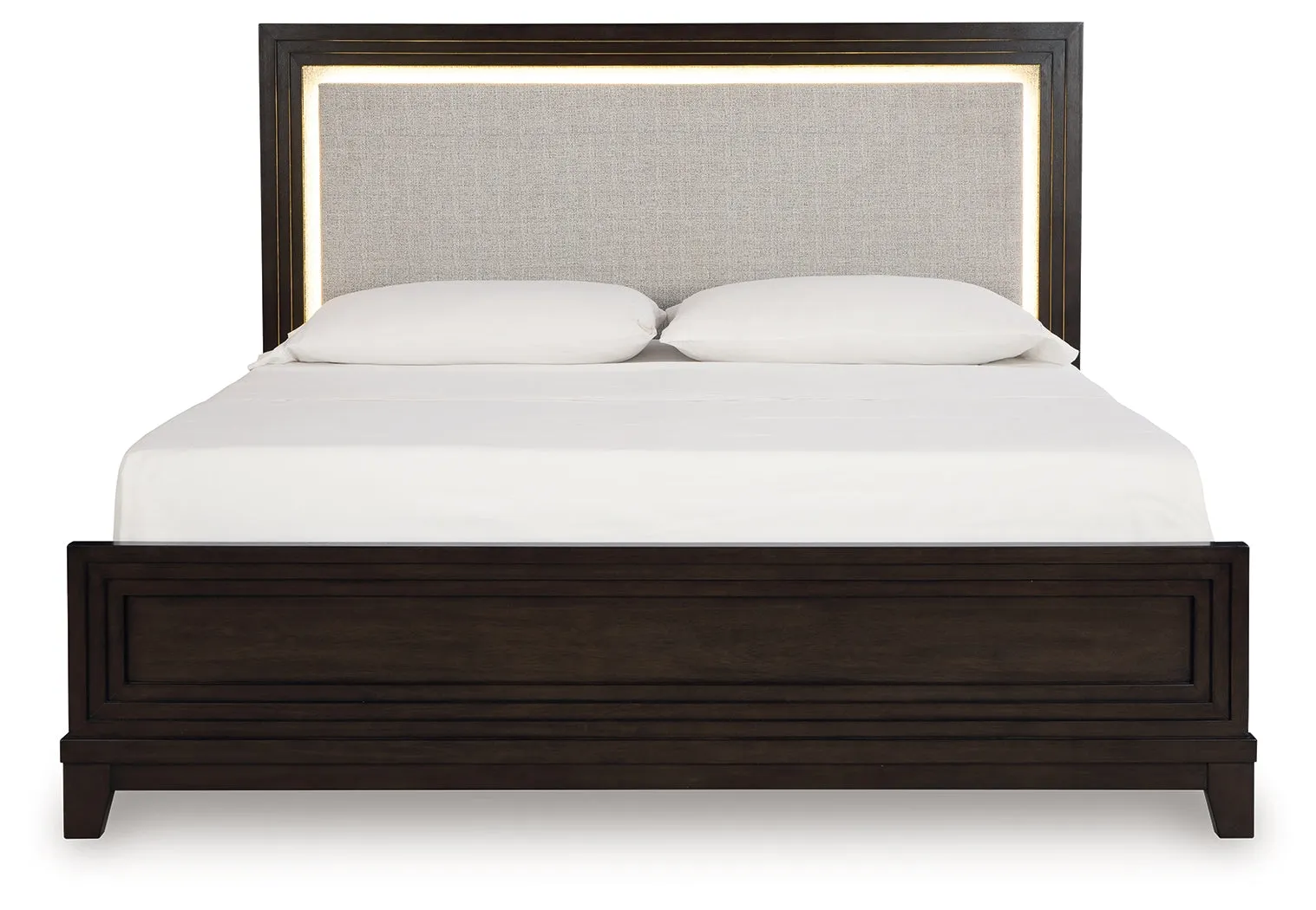 Neymorton Queen Upholstered Panel Bed with 2 Nightstands in Dark Grayish Brown