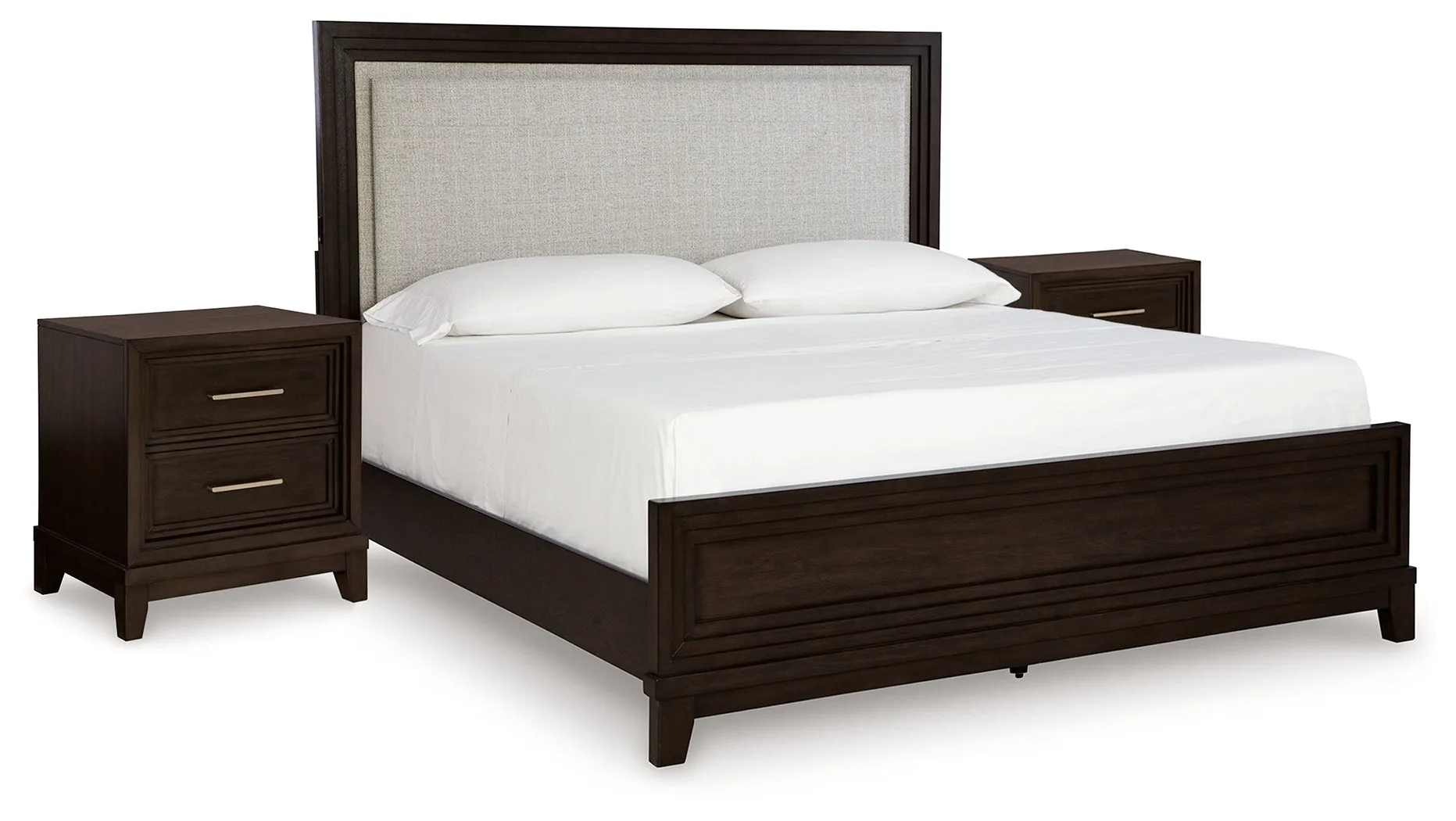 Neymorton Queen Upholstered Panel Bed with 2 Nightstands in Dark Grayish Brown