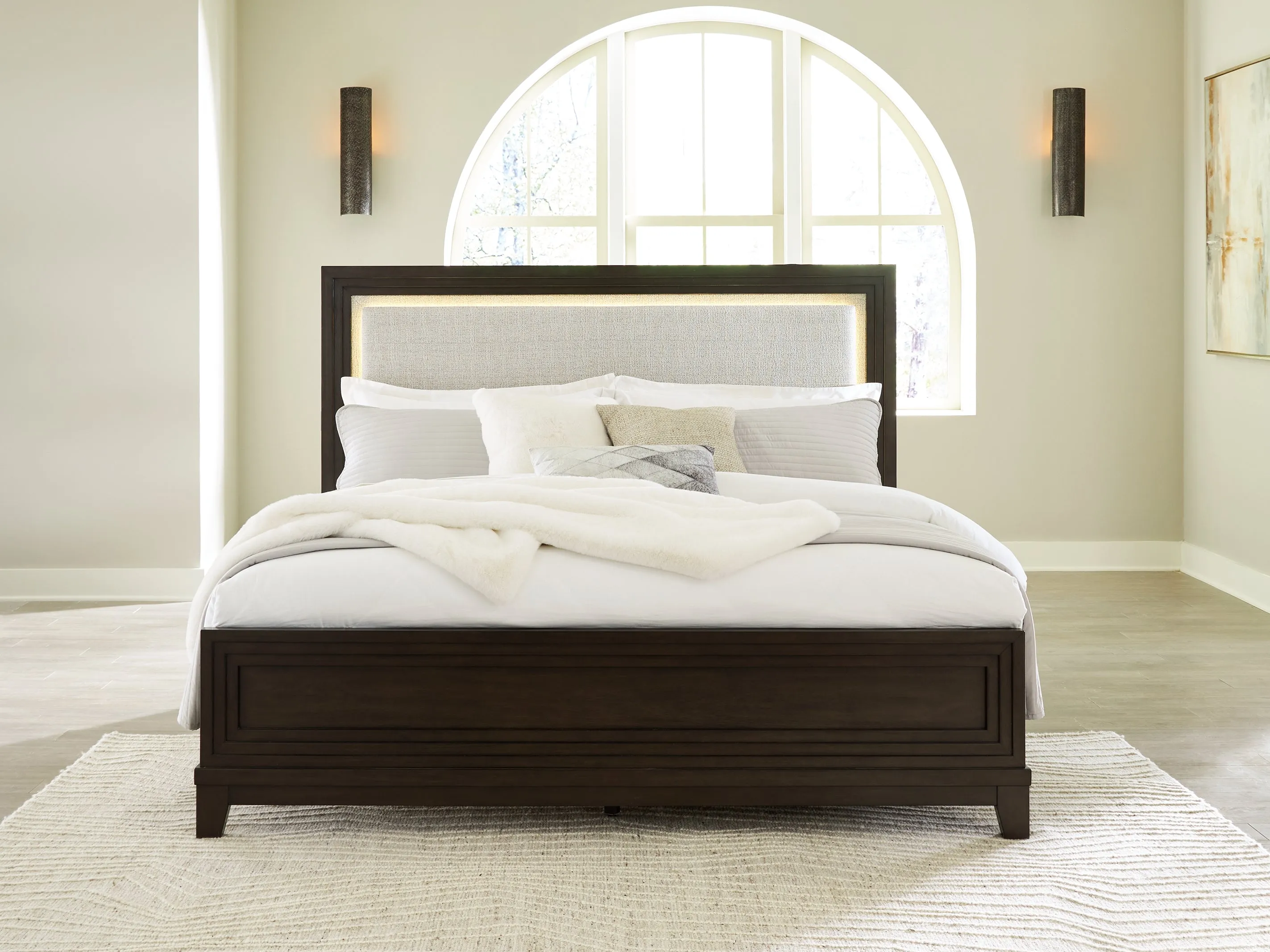 Neymorton Queen Upholstered Panel Bed with 2 Nightstands in Dark Grayish Brown