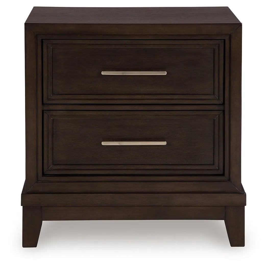 Neymorton Queen Upholstered Panel Bed with 2 Nightstands in Dark Grayish Brown