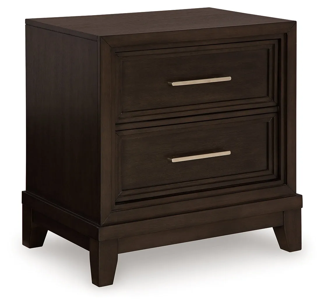 Neymorton Queen Upholstered Panel Bed with 2 Nightstands in Dark Grayish Brown