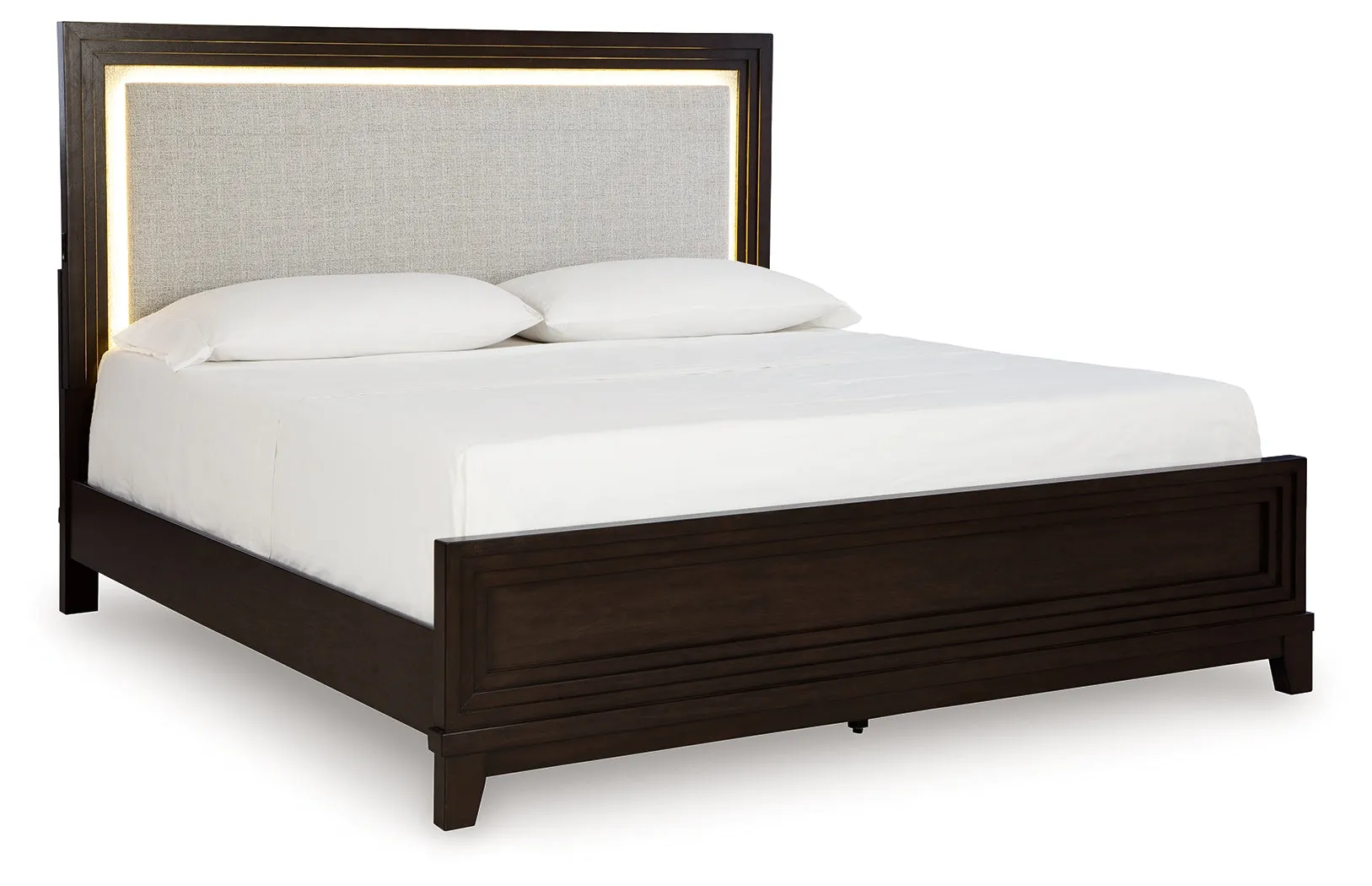 Neymorton Queen Upholstered Panel Bed with 2 Nightstands in Dark Grayish Brown