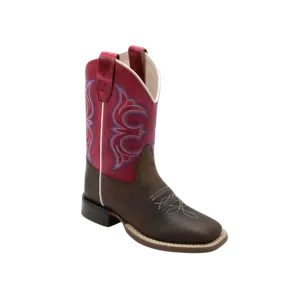 Old West Youth Broad Square Toe Brown Fuchsia Waxy Leather Cowboy Boots
