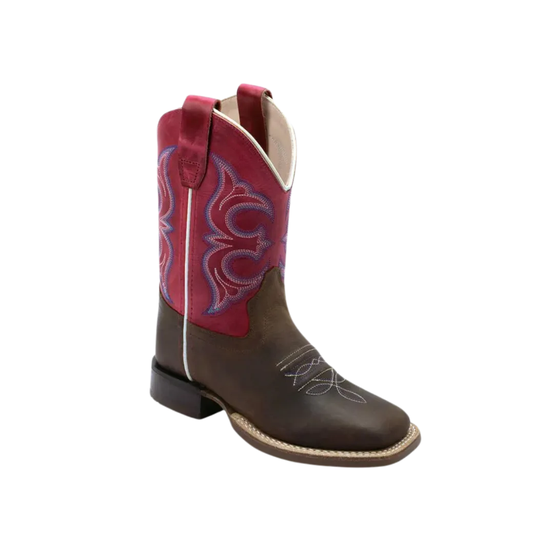 Old West Youth Broad Square Toe Brown Fuchsia Waxy Leather Cowboy Boots