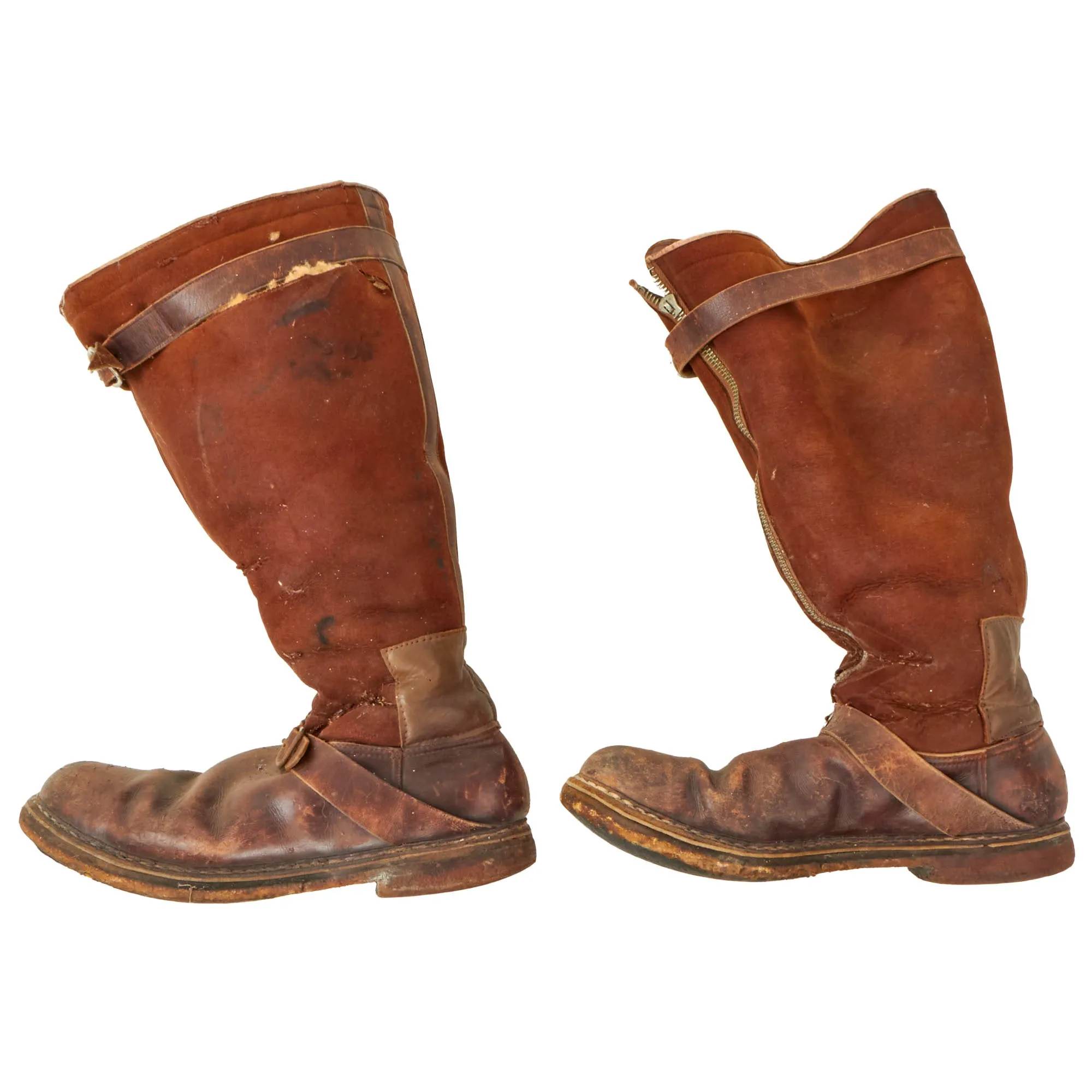 Original German WWII Luftwaffe Fleece-Lined Brown Leather Single-Zip Pilot Flying Boots