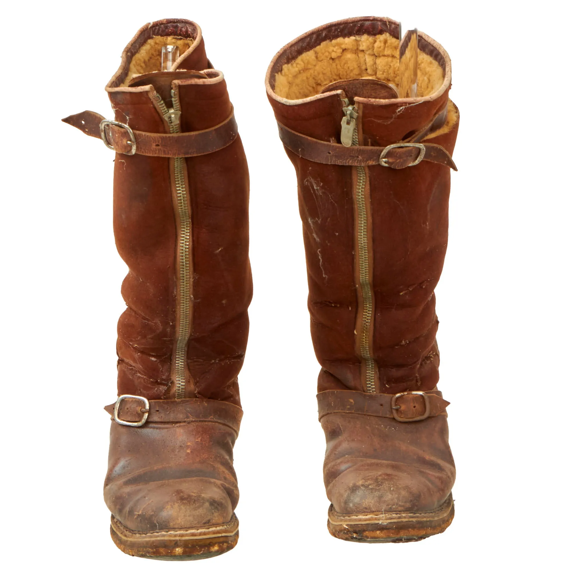 Original German WWII Luftwaffe Fleece-Lined Brown Leather Single-Zip Pilot Flying Boots