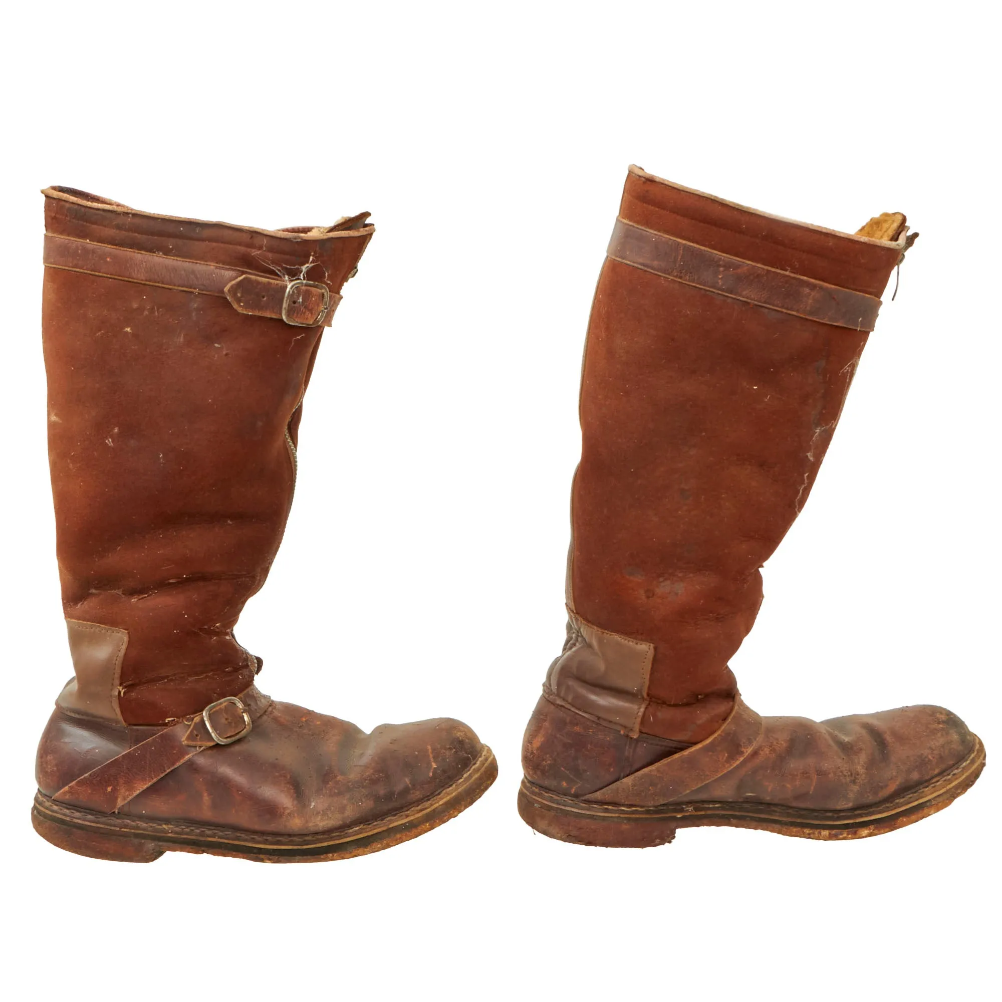 Original German WWII Luftwaffe Fleece-Lined Brown Leather Single-Zip Pilot Flying Boots