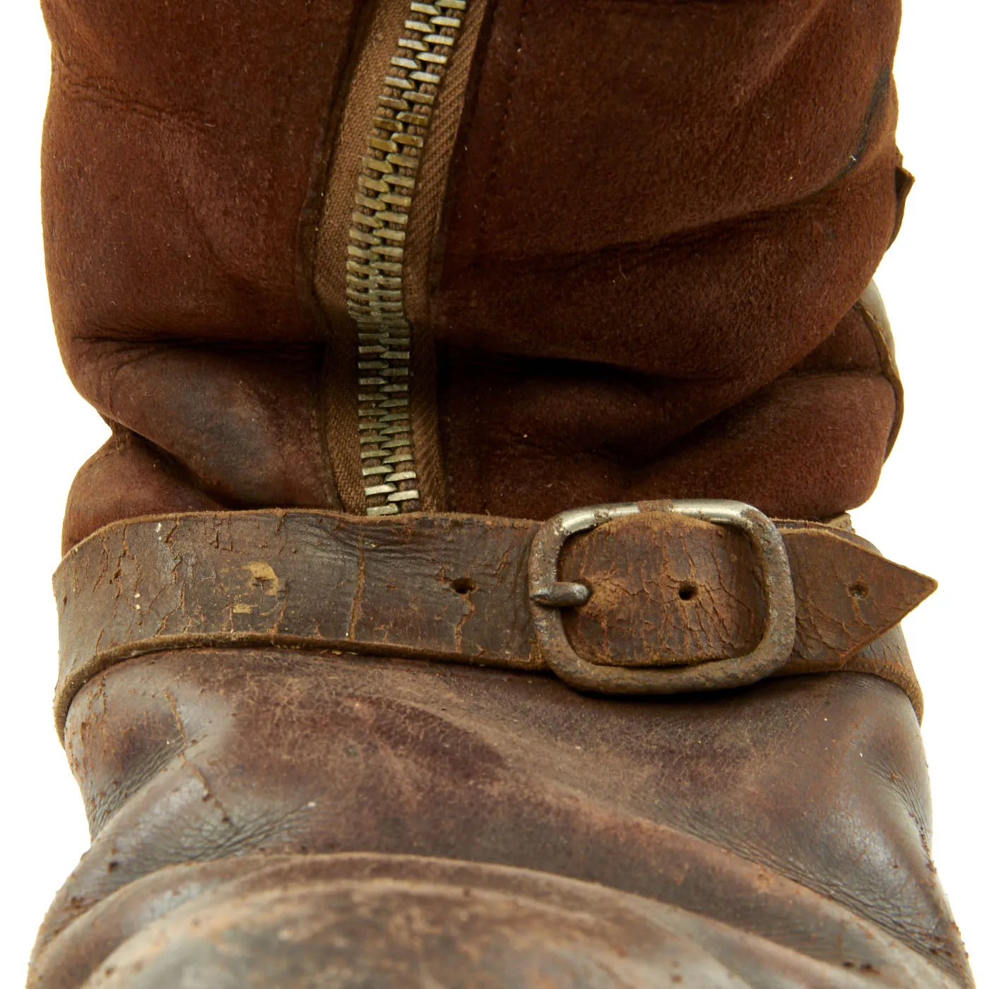 Original German WWII Luftwaffe Fleece-Lined Brown Leather Single-Zip Pilot Flying Boots