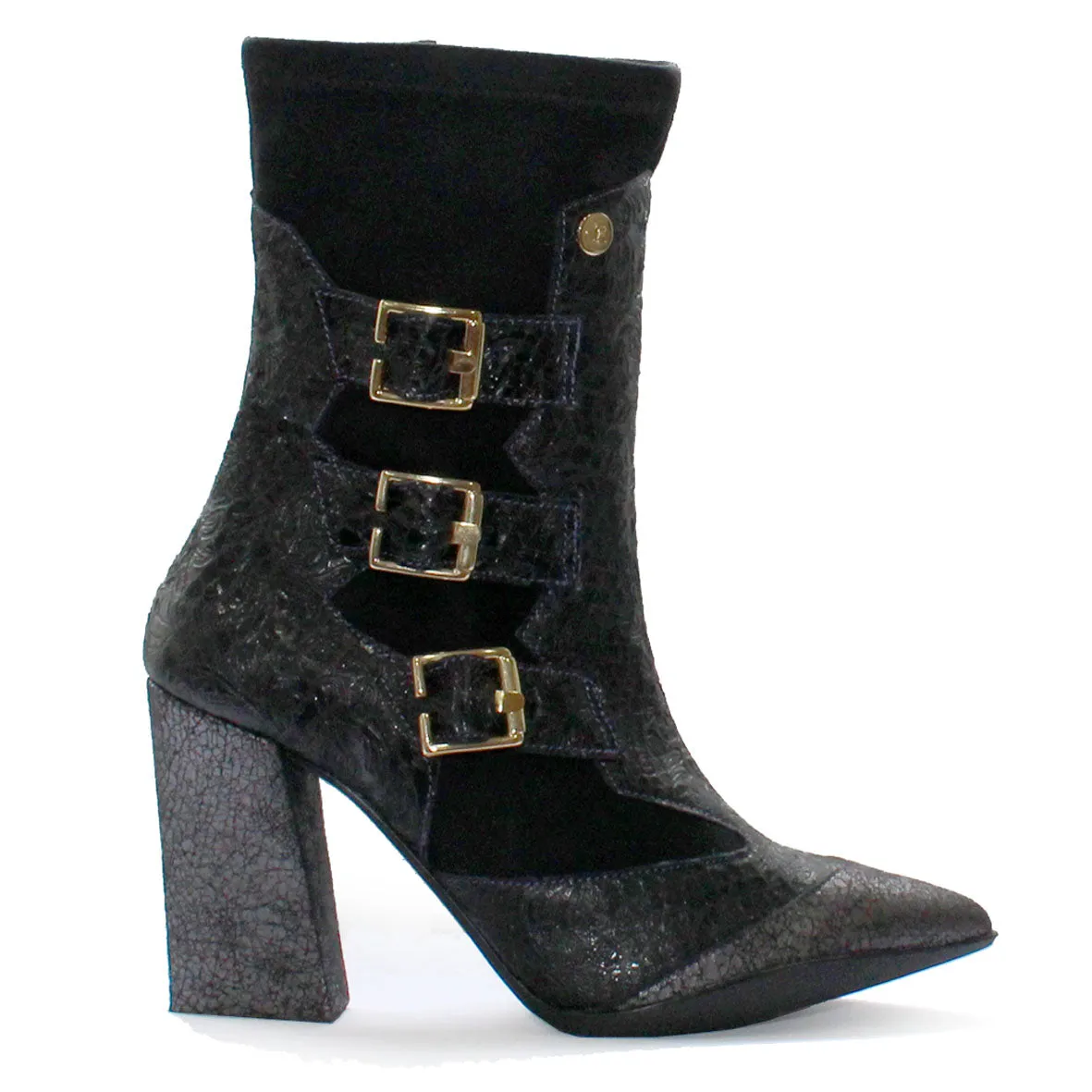 Peron - Black waxy Flower Stretch high heel ankle boot