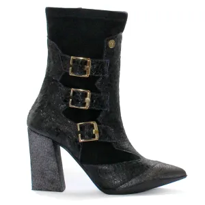 Peron - Black waxy Flower Stretch high heel ankle boot