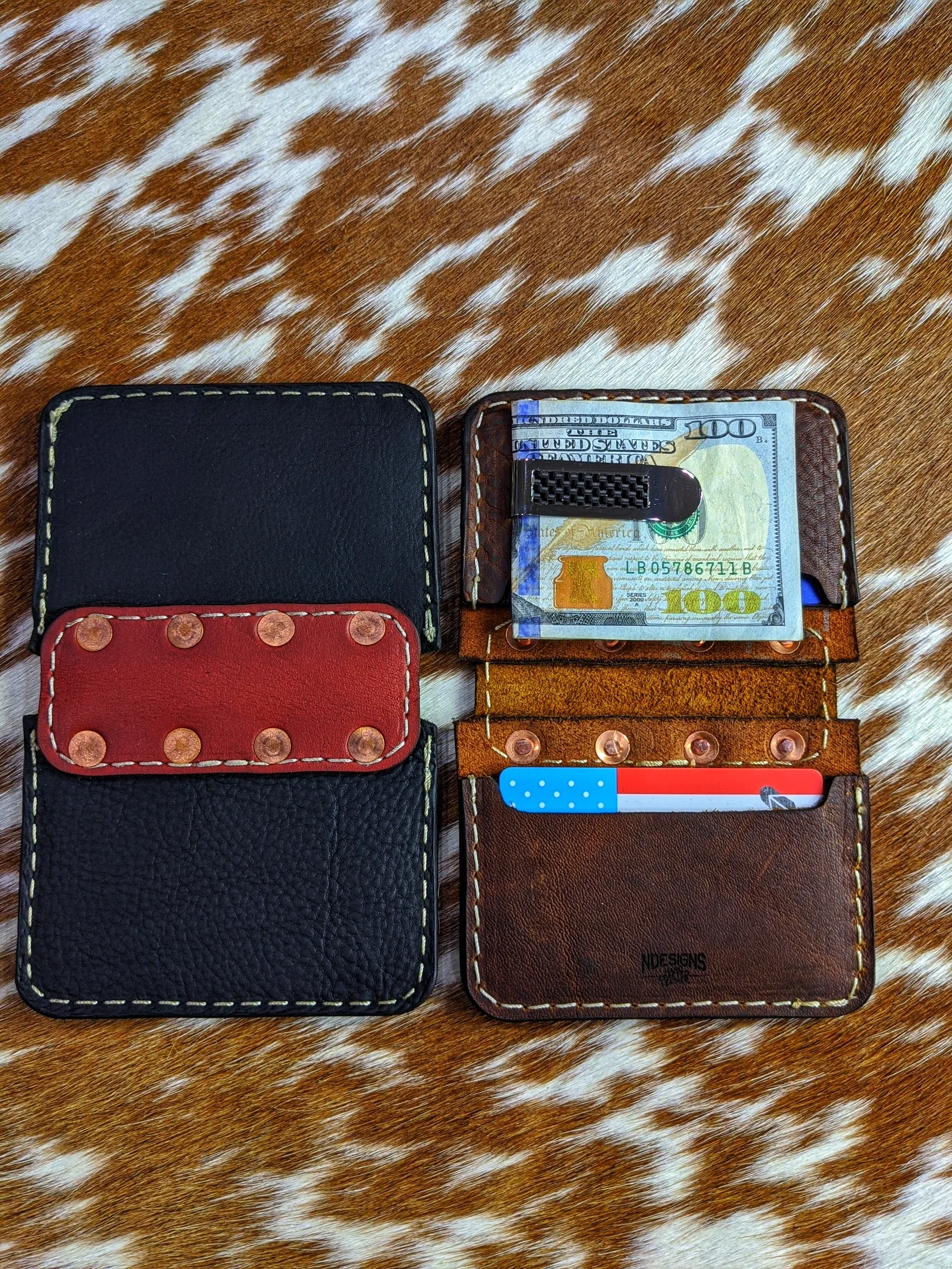"Big Dan" Handmade Black Leather Bifold Wallet with Copper Rivet Flap