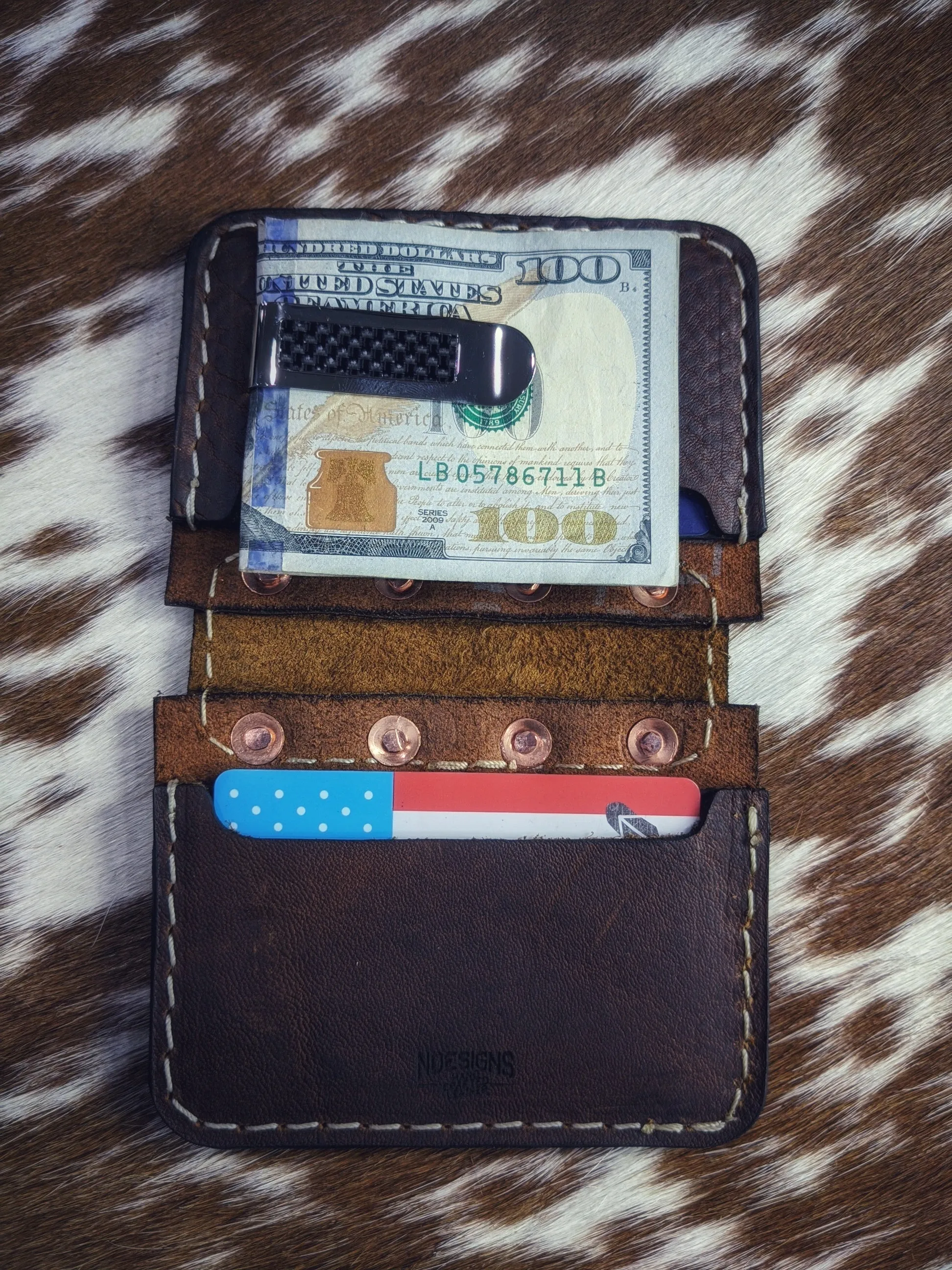"Big Dan" Handmade Black Leather Bifold Wallet with Copper Rivet Flap