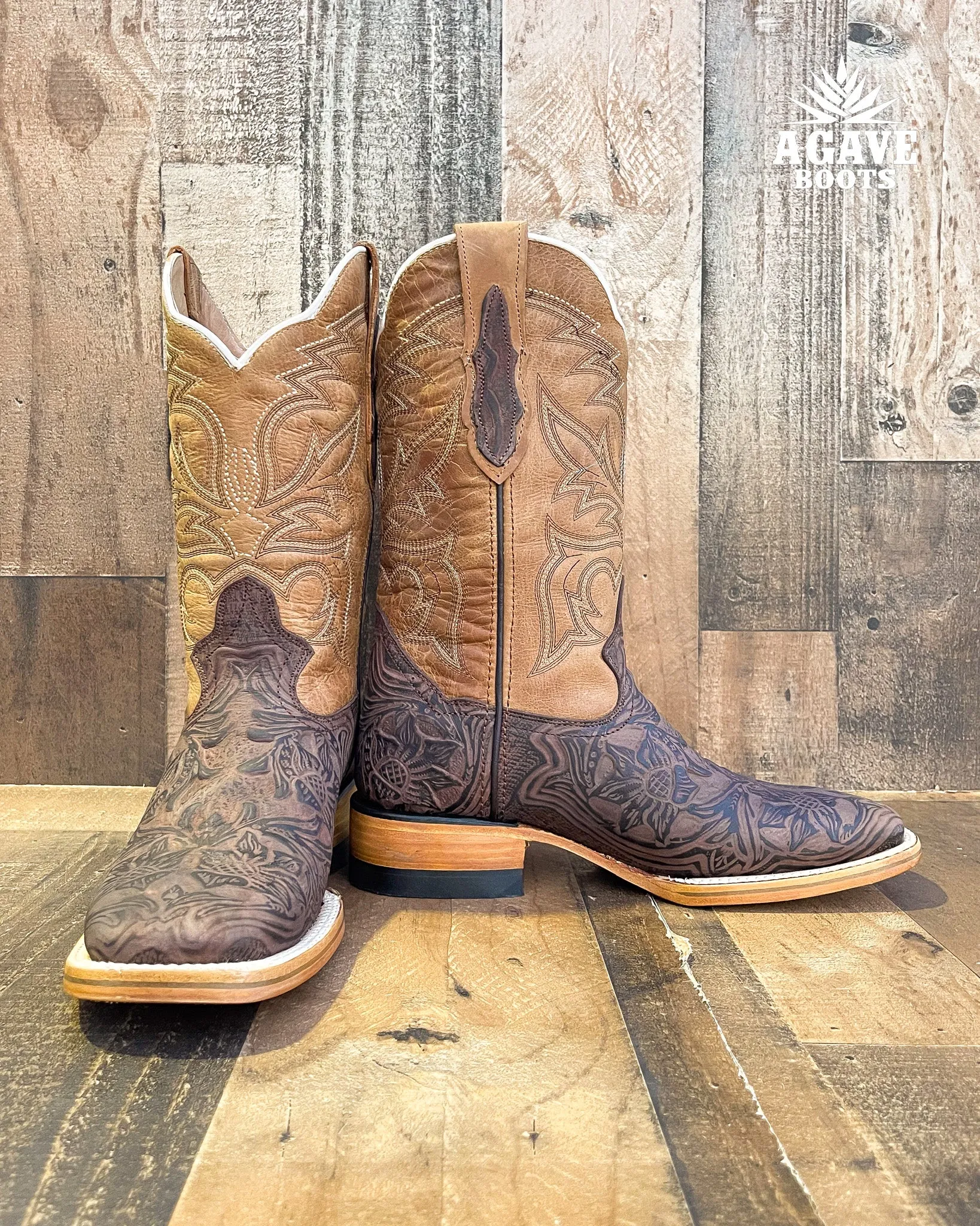 "DISTRESSED" TOOLED LEATHER | MEN SQUARE TOE WESTERN COWBOY BOOTS