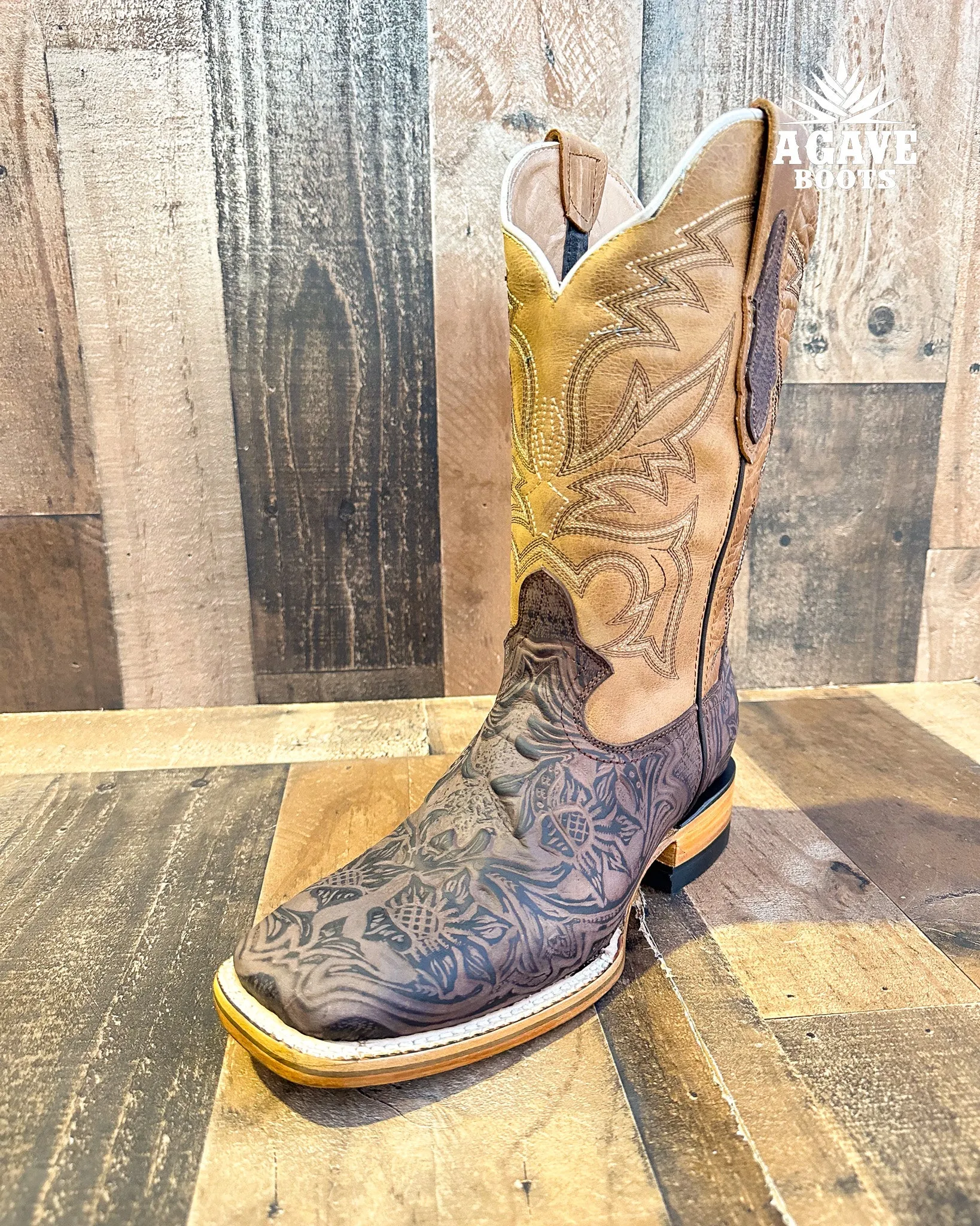 "DISTRESSED" TOOLED LEATHER | MEN SQUARE TOE WESTERN COWBOY BOOTS