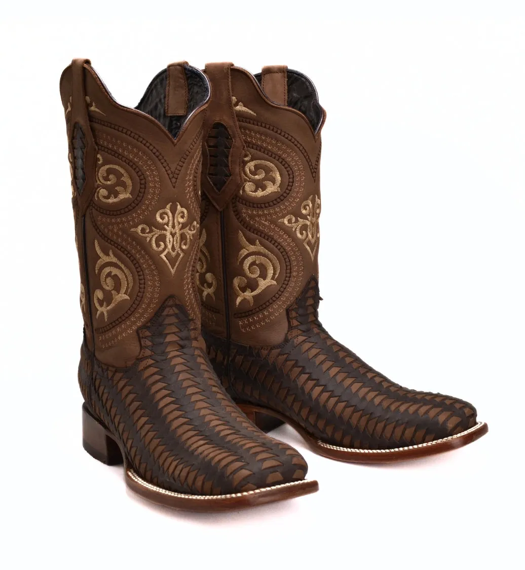 Rodeo Cartie 816 Brown Combo Men's Western Boots: Square Toe Cowboy & Rodeo Boots with Genuine Leather Belt