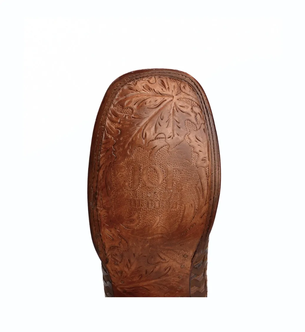 Rodeo Cartie 816 Brown Combo Men's Western Boots: Square Toe Cowboy & Rodeo Boots with Genuine Leather Belt
