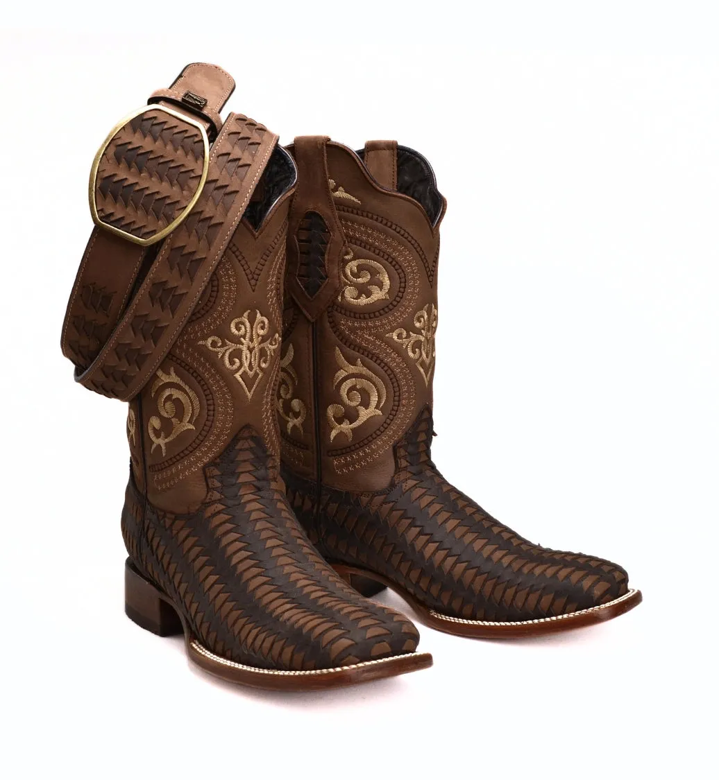 Rodeo Cartie 816 Brown Combo Men's Western Boots: Square Toe Cowboy & Rodeo Boots with Genuine Leather Belt