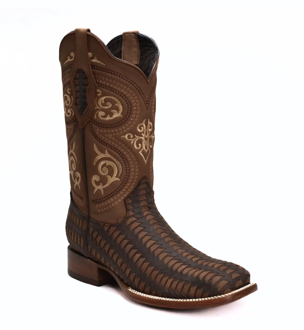 Rodeo Cartie 816 Brown Combo Men's Western Boots: Square Toe Cowboy & Rodeo Boots with Genuine Leather Belt