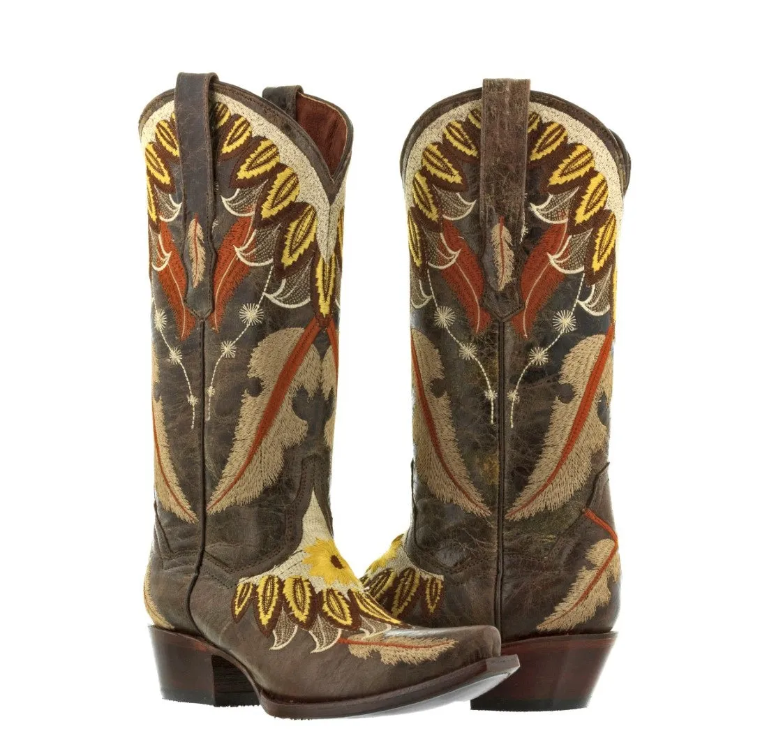 Womens Plumaje Brown Leather Cowboy Boots - Snip Toe