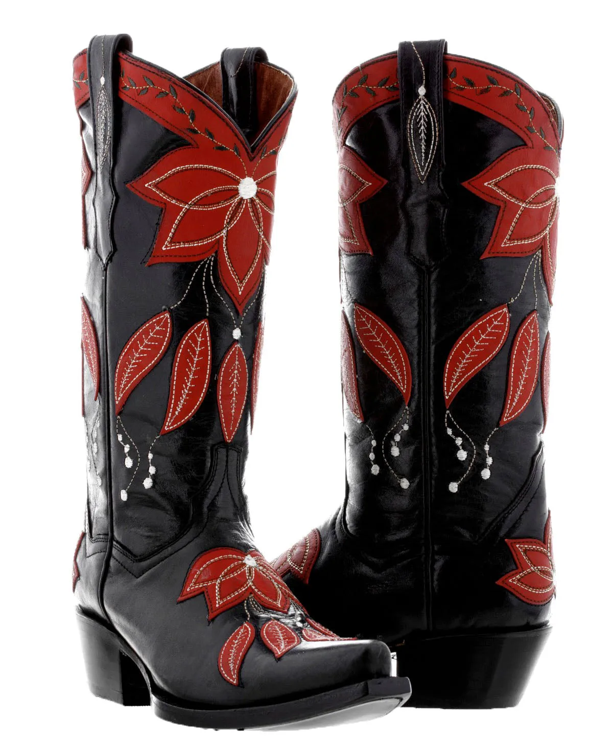 Womens Summer Black & Red Leather Cowboy Boots - Snip Toe